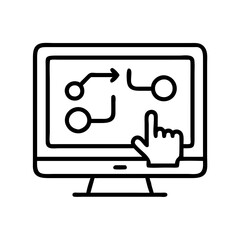 Online strategy planning on computer screen with hand pointing at flowchart diagram design