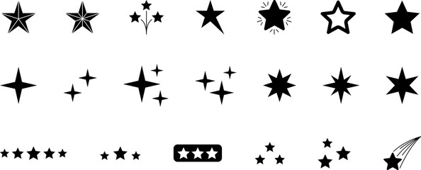 stars icon set, twinkle shining star shape symbols, icons, elements. Modern geometric sparkle black silhouettes sign