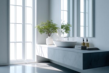 Sleek modern bathroom with large french and a plant in the sink creating a natural and inviting atmosphere