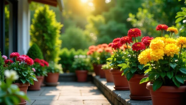 Vibrant summer blossoms in terracotta pots adorn a sun-drenched patio, creating a cheerful and inviting outdoor space