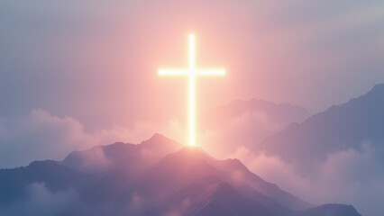 Fototapeta premium Sunrise with a Cross silhouette on a mountaintop.