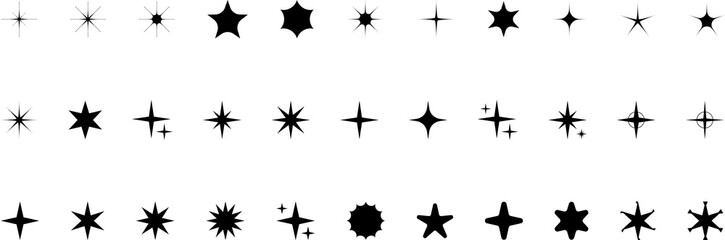 stars icon set, twinkle shining star shape symbols, icons, elements. Modern geometric sparkle black silhouettes sign