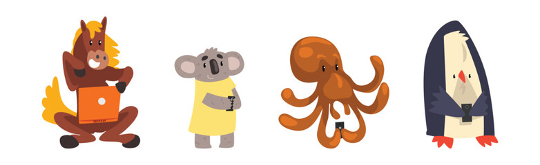 Animal Character with Mobile Smartphone Gadget Vector Set