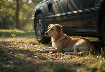 Golden dog resting beside a parked car in a sunlit park