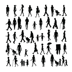 "Silhouettes of People in Various Poses – Walking, Standing, Talking, Urban Crowd, Vector Illustration"