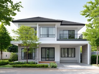 Fototapeta premium Modern house with a spacious front yard surrounded by lush garden and contemporary landscaping features