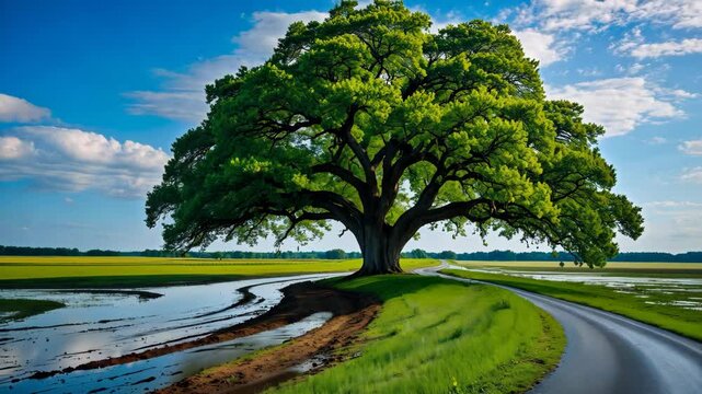 View of a rural road showcasing a grand bur oak tree on a lovely spring day; far-off fields, forests, and a blue sky in the background.