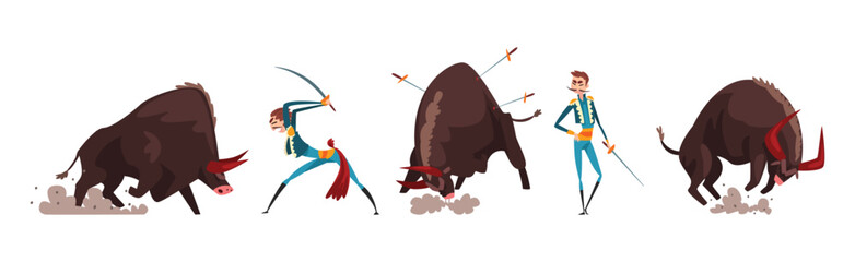 Man Toreador with Sword and Red Clothes Fighting with Furious Bull Vector Set