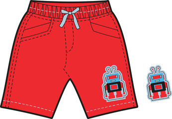 Red shorts for boys with robot cartoon design