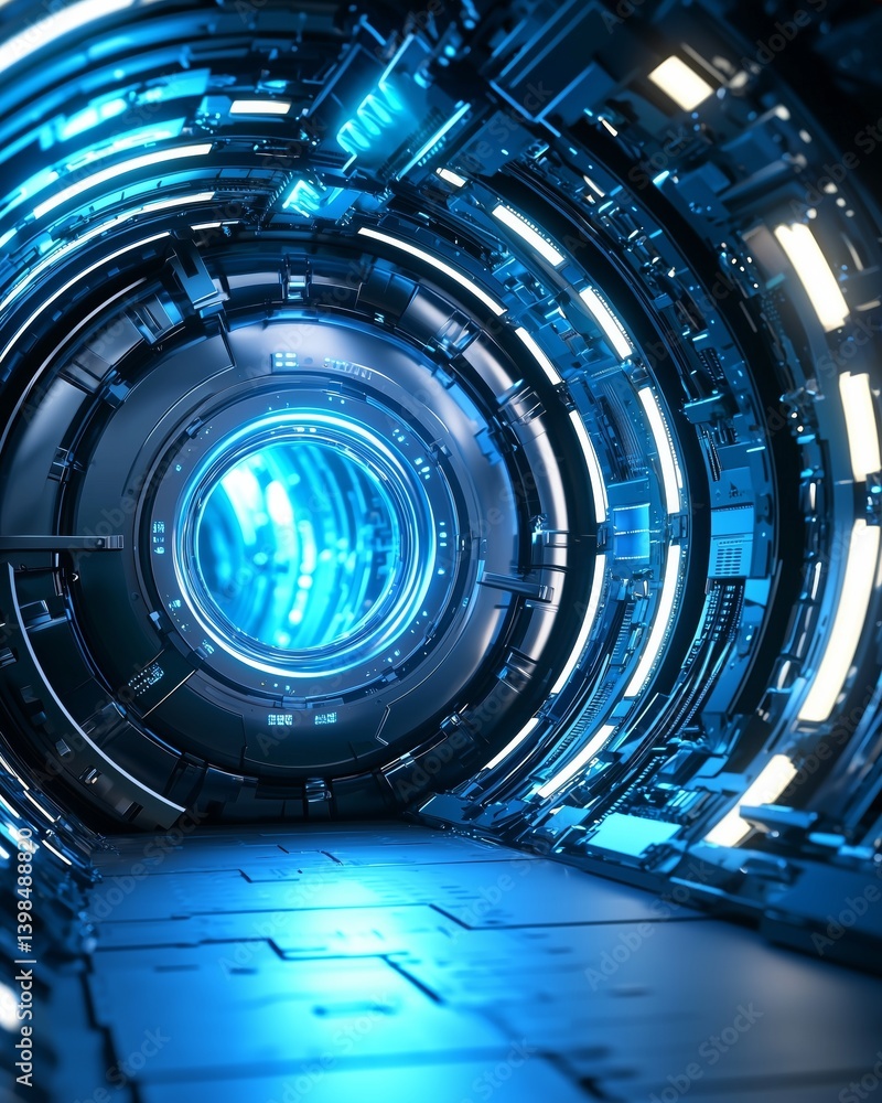 Aufkleber a futuristic tunnel designed for secure data storage, featuring glowing blue lights and a high-tech 