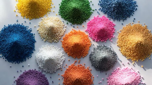 Various shades of granules against a white background, this material acts as a dye in the plastics industry.