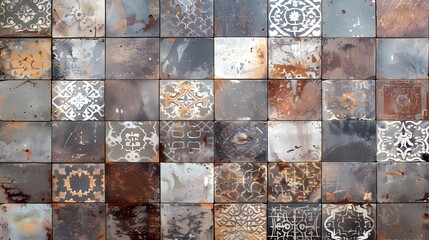 A old brown gray rusty vintage worn geometric shabby mosaic ornate patchwork motif porcelain stoneware tiles stone concrete cement wall texture background, Generative AI illustrations.