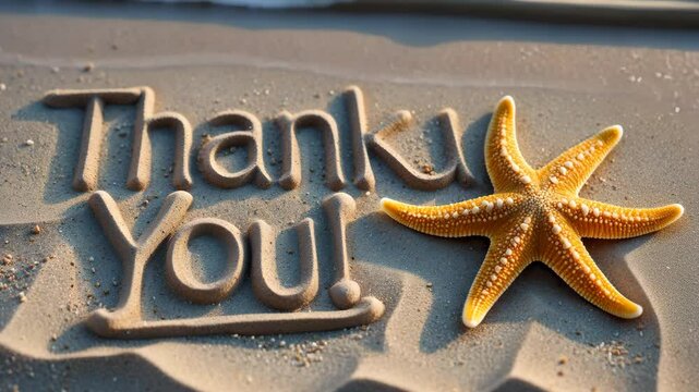 Thank You is presented on a sandy background with a nearby starfish.
