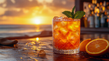 Captivating Suffering Bastard cocktail served on a sunlit bar at sunset with fresh orange and mint garnish