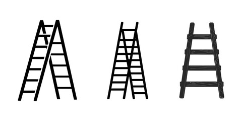 ladder set black silhouette, ladders collection vector, Ladder icon, Ladders Vector Silhouette, wooden ladder silhouette isolated on white background, Sliding folding ladder icon. Black silhouette.  © Line emotion