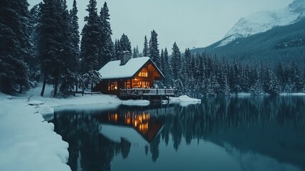 Fototapeta premium A picturesque winter scene of a cozy wooden lodge glowing warmly by the shores of Emerald Lake, surrounded by a serene pine forest in Yoho National Park, British Columbia, Canada.