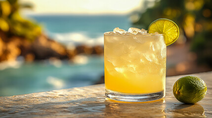 Refreshing Tommy's Margarita served with fresh lime by the beach during golden hour