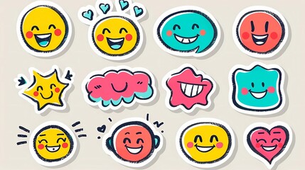A colorful happy smiling face label shape set, Collection of trendy retro sticker cartoon shapes,  Funny comic character art and quote sign patch bundle, Generative AI illustrations.