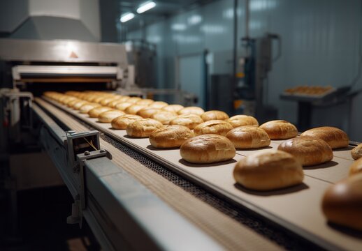 Rows of freshly baked bread rolls on a conveyor belt in a modern bakery production line.