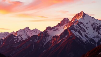 Crimson sunset paints Italian Alps, golden light on snow-capped peaks, golden hour, view