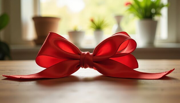 Beautiful red ribbon bow on rustic table with sunlight, gift symbolism