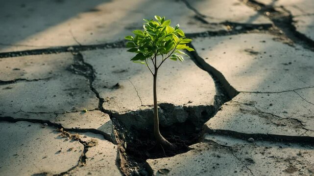 The small tree flourishing alone on a concrete surface. New life arising in a diverse environment, innovative business, commencement, initiation, start-up concept.