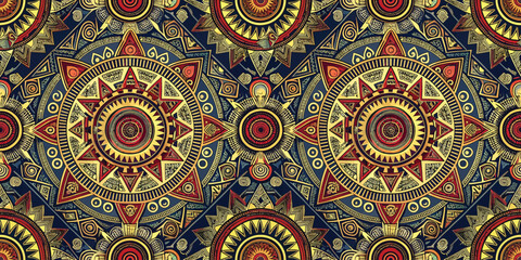 Intricate geometric pattern featuring vibrant colors and circular motifs.