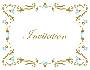 Floral golden frame in vintage style, decorative blue cornflowers with leaves and tendrils, greeting card decoration, invitation, vector illustration