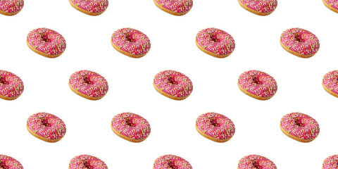 Pattern of delicious pink donuts with colorful sprinkles on white background