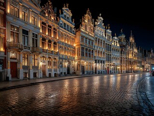 Fototapeta premium Brussels Grand Place at Night: A mesmerizing night view of the iconic Brussels Grand Place, illuminated by warm lights reflecting on the cobblestone streets, showcasing stunning architecture.