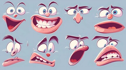 A funny retro cartoon character face drawing set on isolated background, Black and white vintage animation art style bundle, Generative AI illustrations.