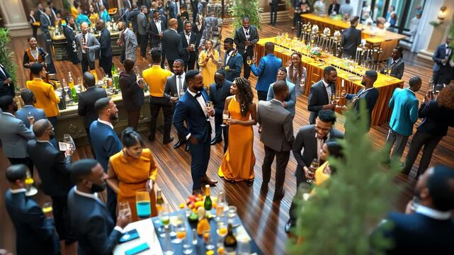 Elegant Reception: An overhead view captures a sophisticated event where formally dressed individuals gather, conversing amidst an atmosphere of refined socializing, and elegant setting.