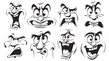 Obraz premium A funny retro cartoon character face drawing set on isolated background, Black and white vintage animation art style bundle, Generative AI illustrations.