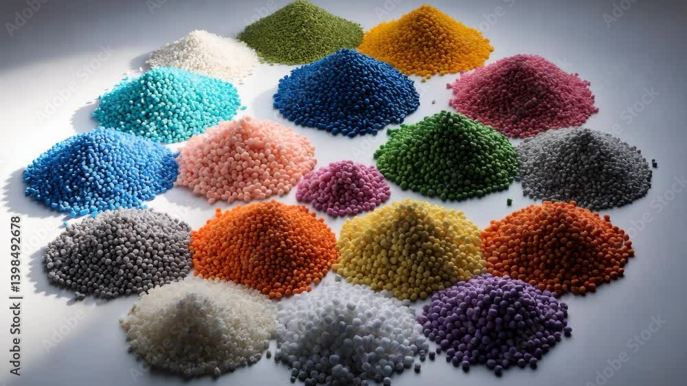 Poster various hues of granules on a light backdrop, this material functions as a color enhancer in the pla