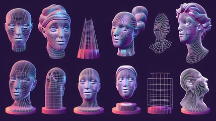 A retro futuristic set, Modern sculpture and statue, surreal geometric shapes, wireframe, cyberpunk elements and perspective grids, Generative AI illustrations.