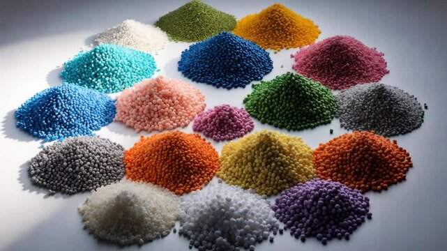 Various hues of granules on a light backdrop, this material functions as a color enhancer in the plastics industry.