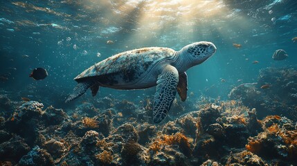 Obraz premium Majestic Sea Turtle Gracefully Navigating Vibrant Coral Reef
