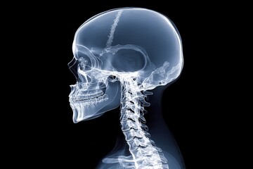 Side view of a human skull X-ray highlighting bone structure on a black background.