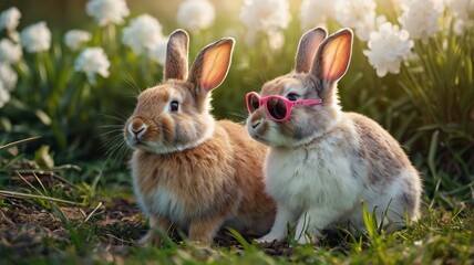 Fototapeta premium Three Cute Rabbit in Sunglasses, Playful Spring and Easter Concept.