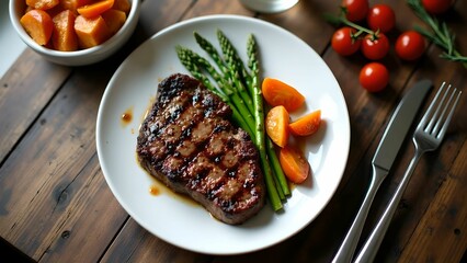 Grilled steak with asparagus and cherry tomatoes, served on a white plate