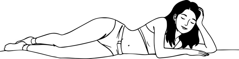 A person lying relaxed on their side with closed eyes. Line drawing illustration