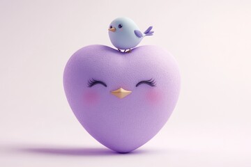 A cute purple heart with a small blue bird perched on top, symbolizing love and affection.