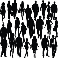 "Silhouettes of People in Various Poses – Walking, Standing, Talking, Urban Crowd, Vector Illustration"