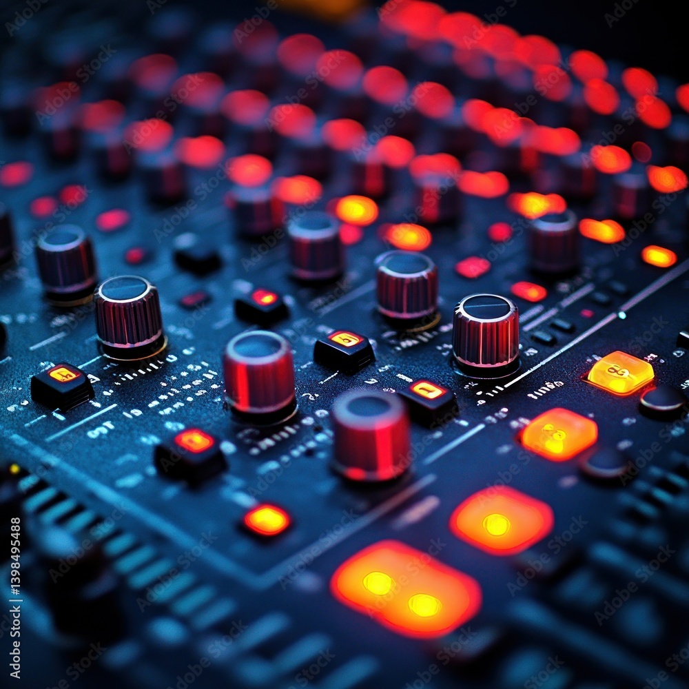 Poster close-up of a sound mixing console: illuminated knobs and faders in a vibrant studio setting