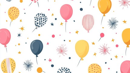 The seamless pattern is a visually striking combination of bright hues and diverse shapes, all blending together to create a joyful and festive mood
