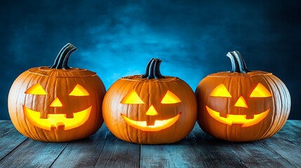 Three jack-o'-lanterns illuminated with warm light on a rustic wooden surface.