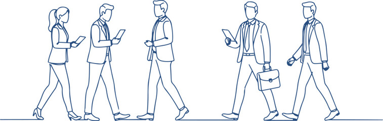 Five business professionals walking with showcase busy work environment on transparent background. Line drawing illustration