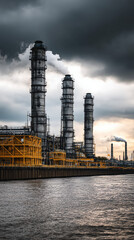 Obraz premium Industrial landscape showcasing tall smokestacks releasing smoke under a dramatic cloudy sky, reflecting in calm waters, symbolizing energy production and environmental concerns
