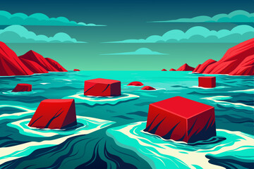 glowing stone in tropical sea with hyper saturated tones, calm sea with large and red stone slabs submerged beneath vibrant teal waves