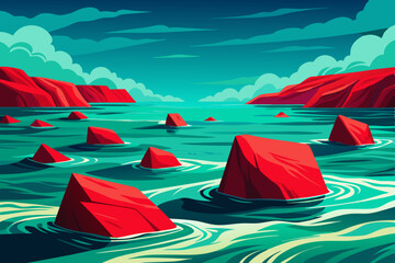 glowing stone in tropical sea with hyper saturated tones, calm sea with large and red stone slabs submerged beneath vibrant teal waves